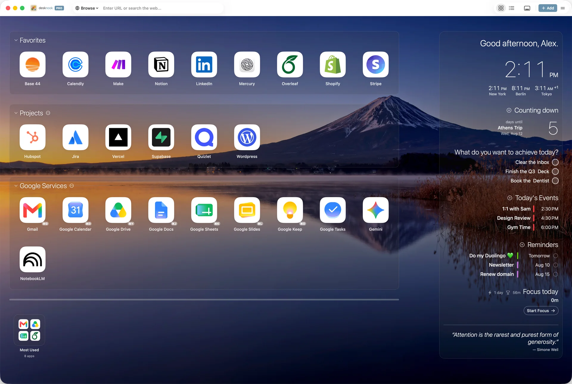 Desknook dashboard with a custom landscape photo background