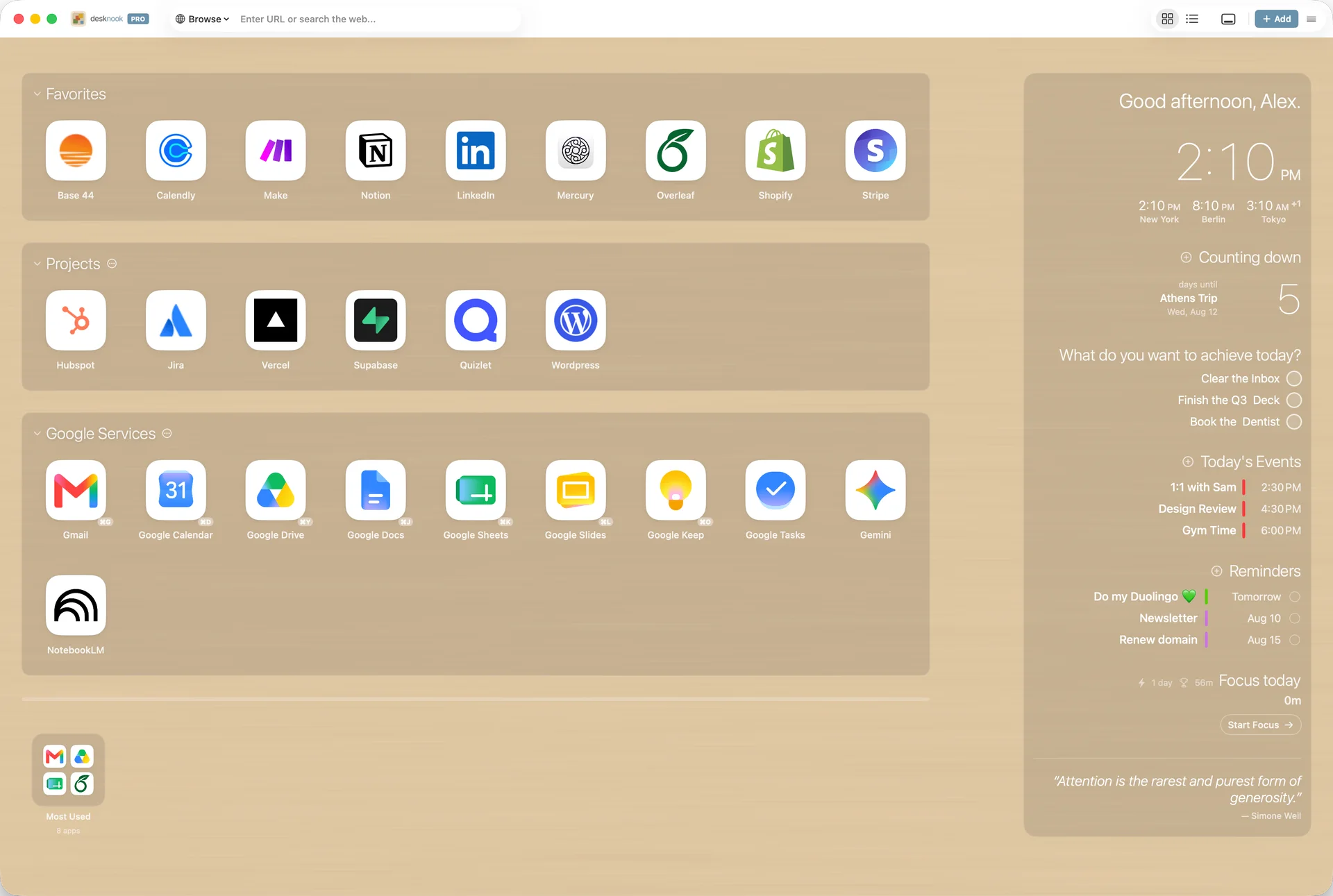 Desknook dashboard with the wood grain preset background