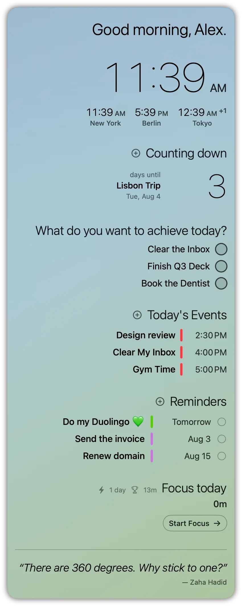 Desknook's sidebar showing today's events and reminders beside the app dashboard