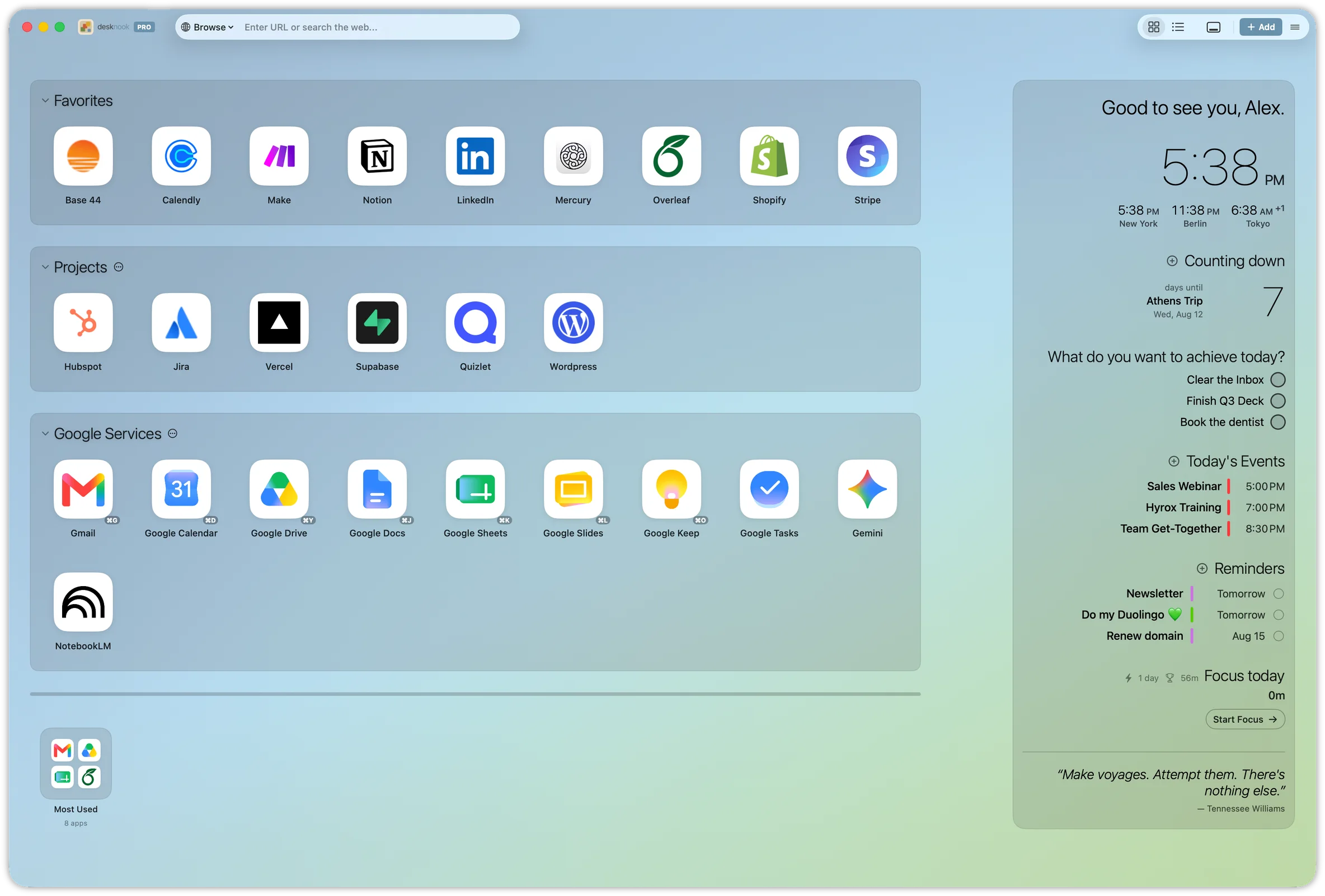 The Desknook dashboard in its own macOS window — favorites, projects, and Google services with per-app hotkeys, beside the daily sidebar