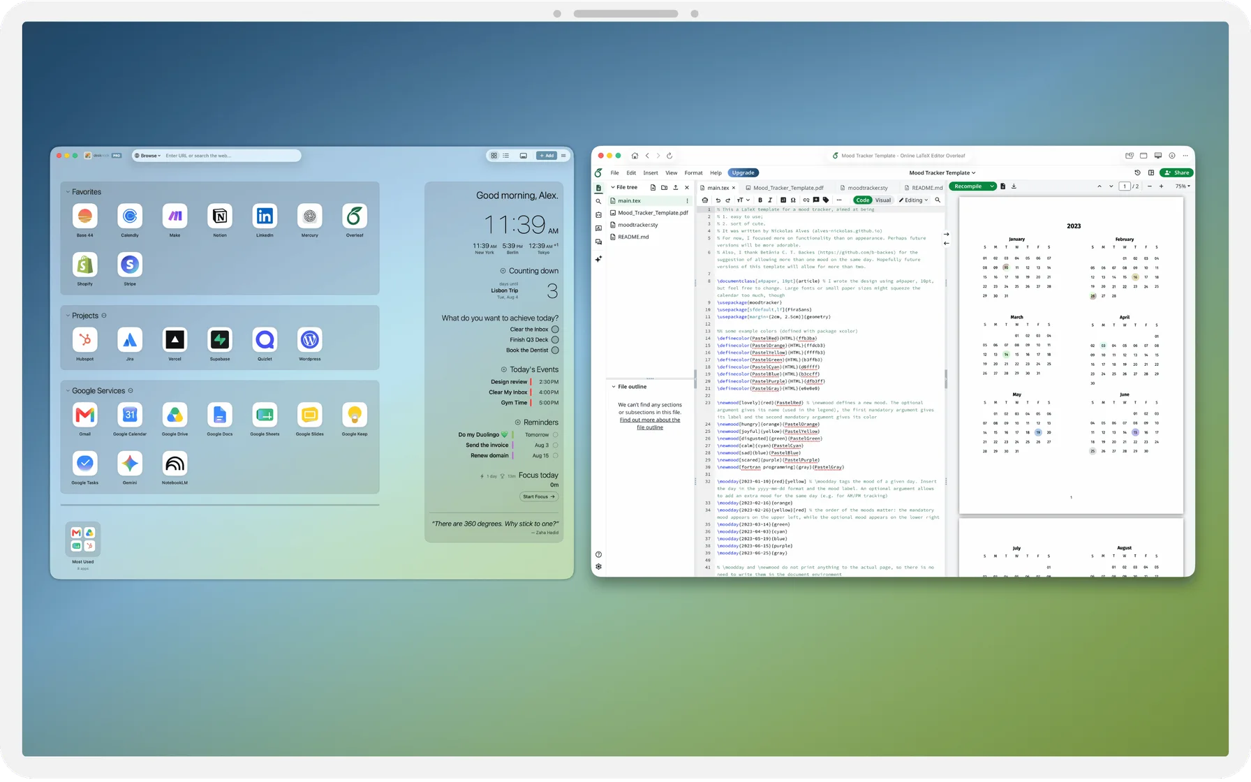 The Desknook dashboard beside a web app running in its own window on the desktop