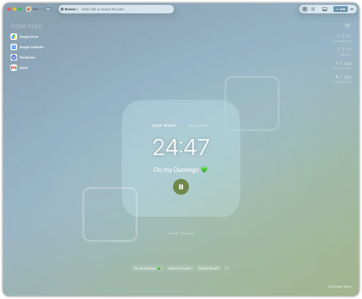 Focus in the Desknook window — a deep-work timer with today's total and streaks