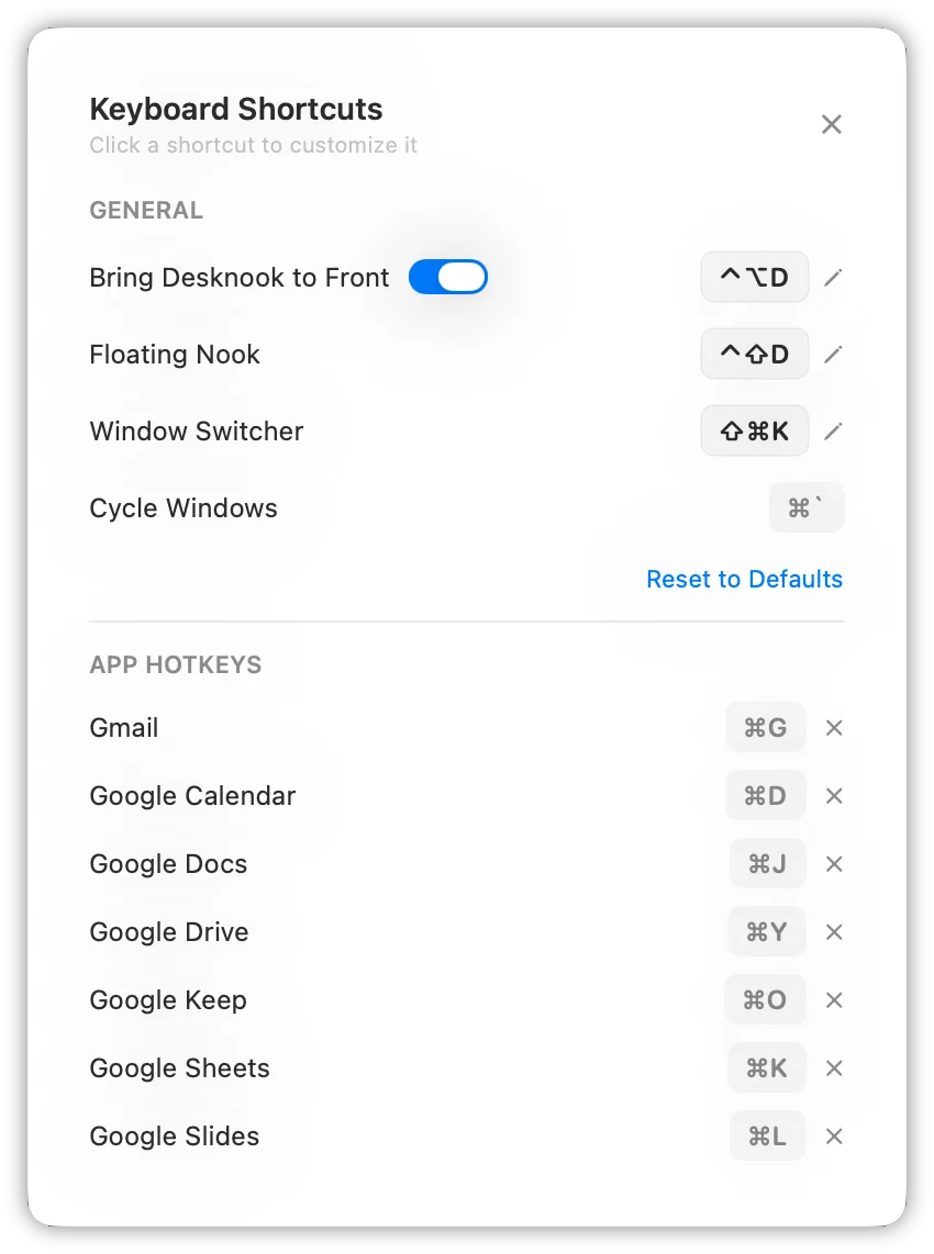 Desknook's keyboard shortcuts panel — global shortcuts for the Floating Nook and window switcher, plus per-app hotkeys like ⌘G for Gmail