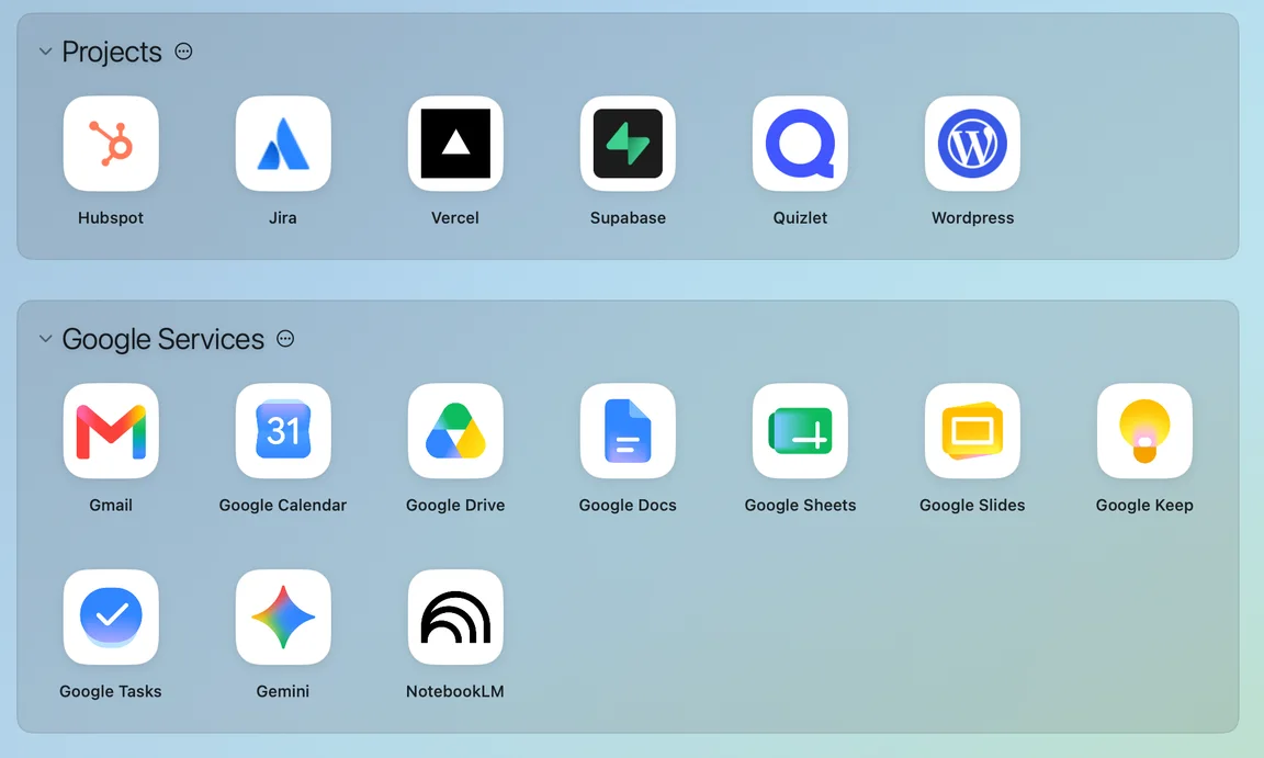 The Desknook dashboard grouped into named Nooks — Projects and Google Services — each collapsible